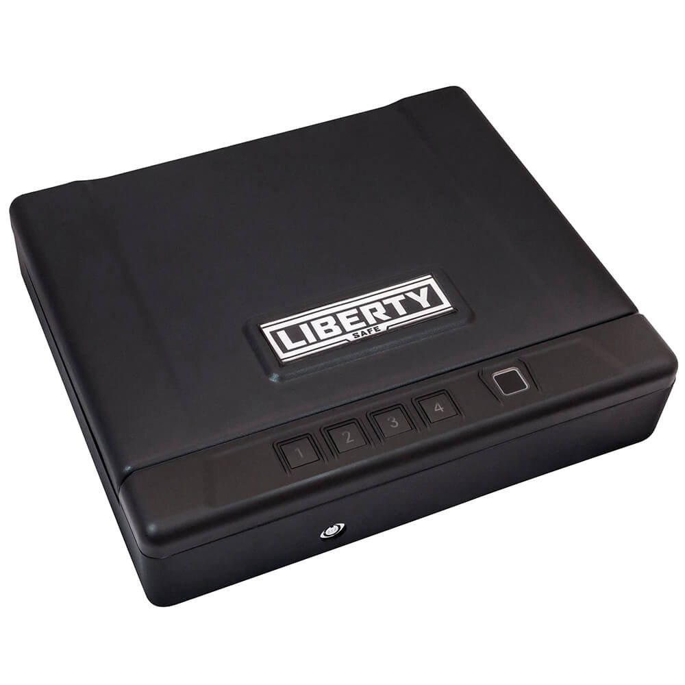 Black Liberty HDV-150X biometric handgun safe with digital keypad and compact design for quick access and secure pistol storage.