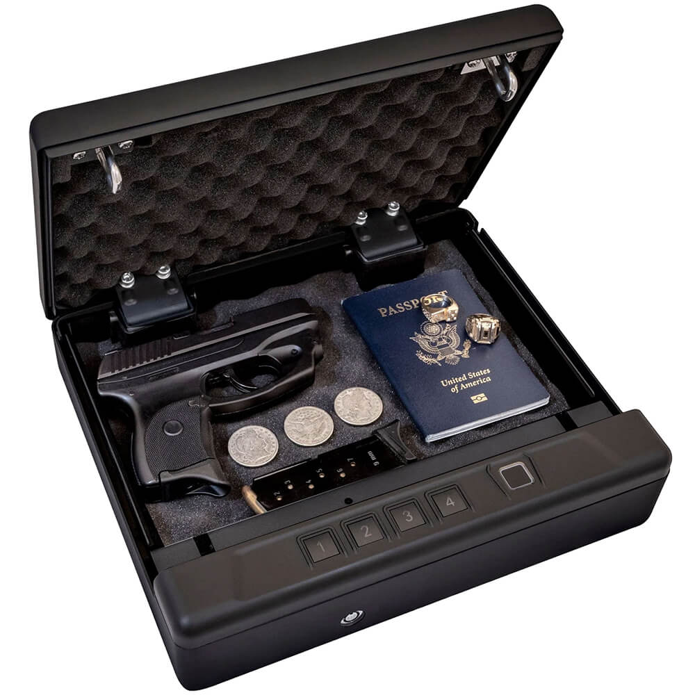Liberty HDV-150X biometric handgun safe in black, featuring digital keypad and biometric scanner for quick access.