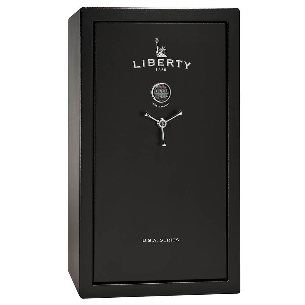 Closed Liberty USA 30 gun safe with black text logo, secure storage for firearms, sturdy metal construction, and electronic lock.