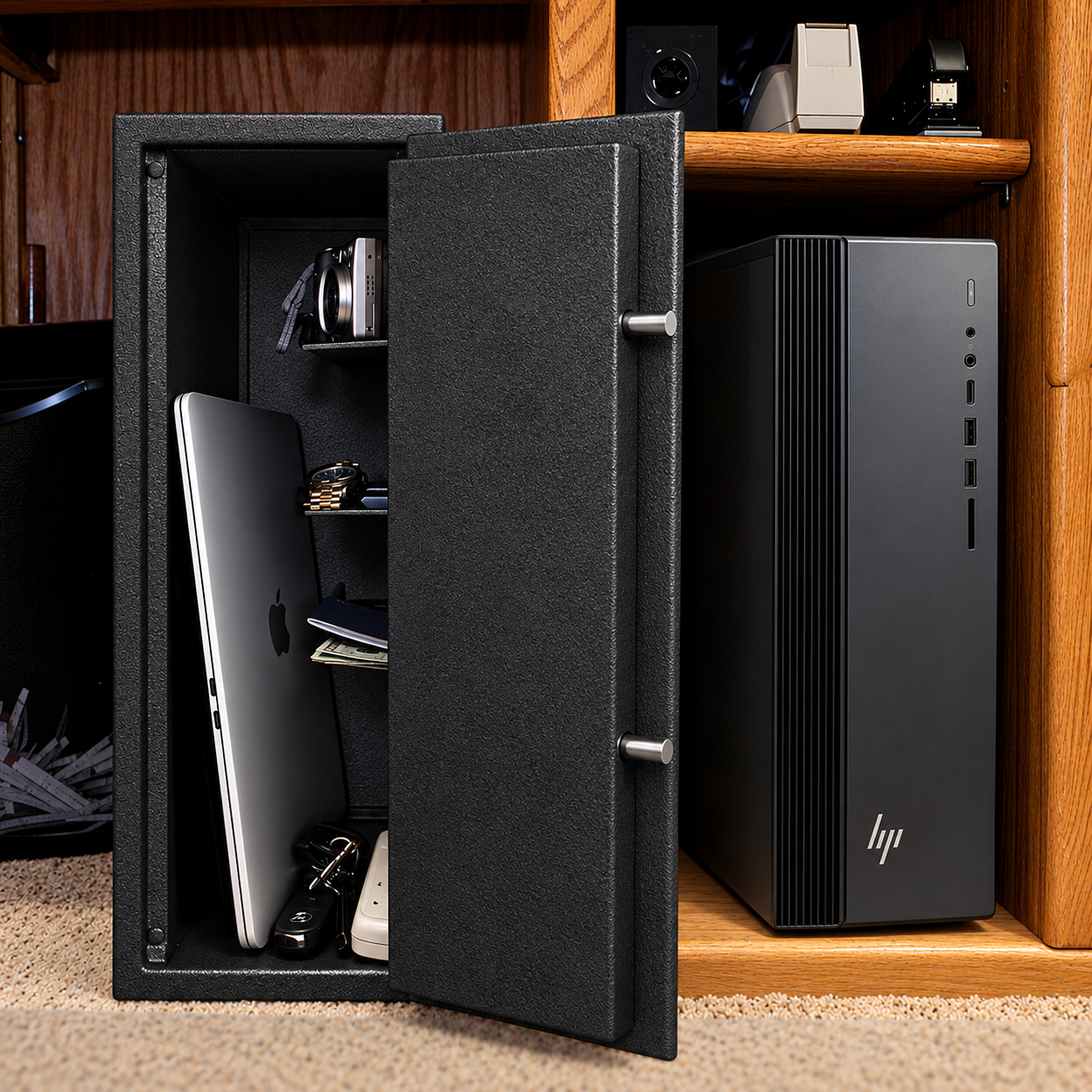 Open charcoal Stealth compact college dorm and RV safe with anti-theft lock box on home office shelving.