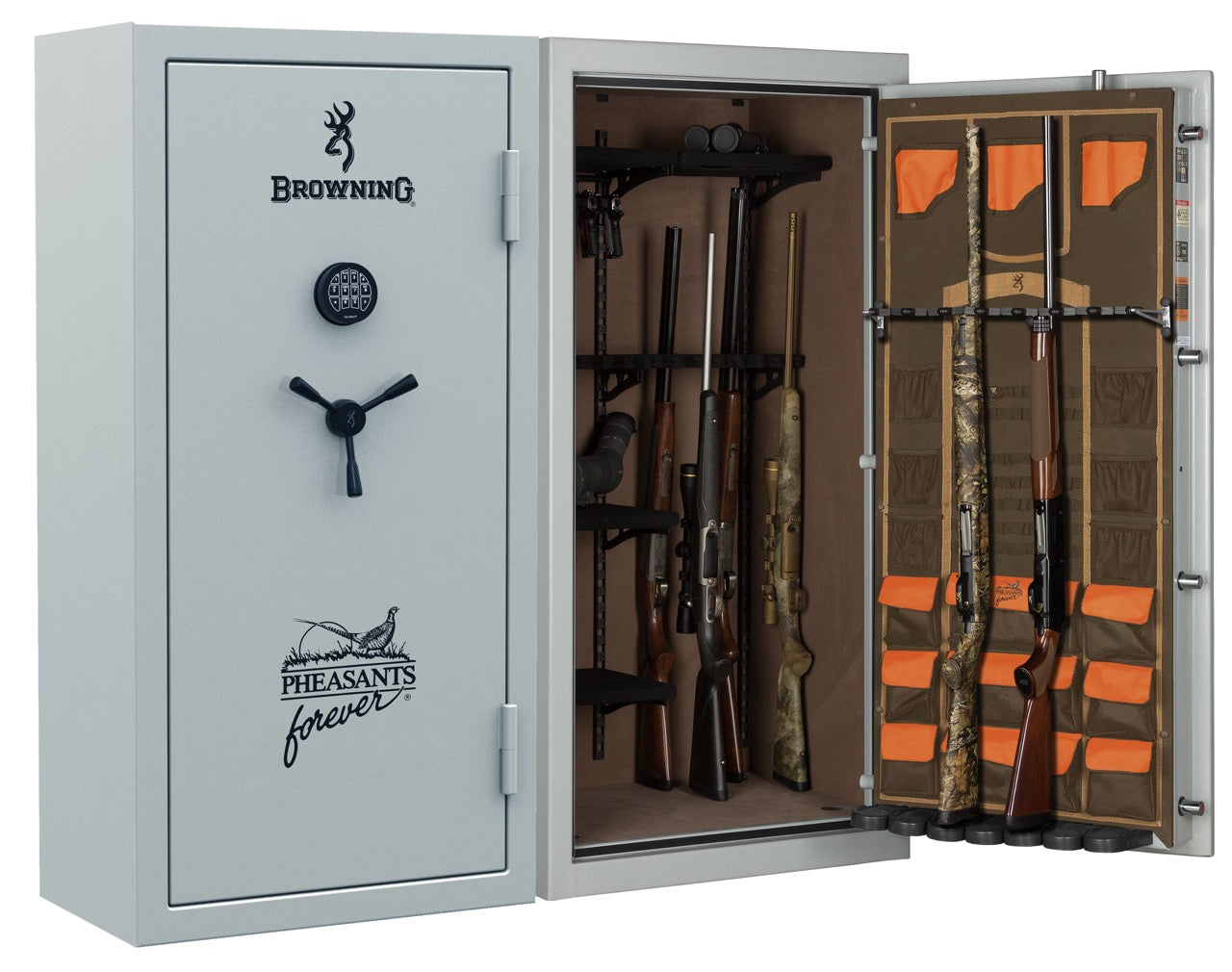 Browning Sporter 33 Pheasants Forever Upland Edition gun safe with internal and external views, featuring durable metal construction.