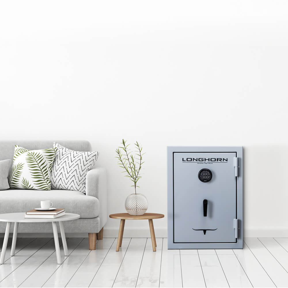 Rhino Safe Longhorn LGX3022G home safe with digital keypad and sturdy steel construction, shown in a modern home setting.