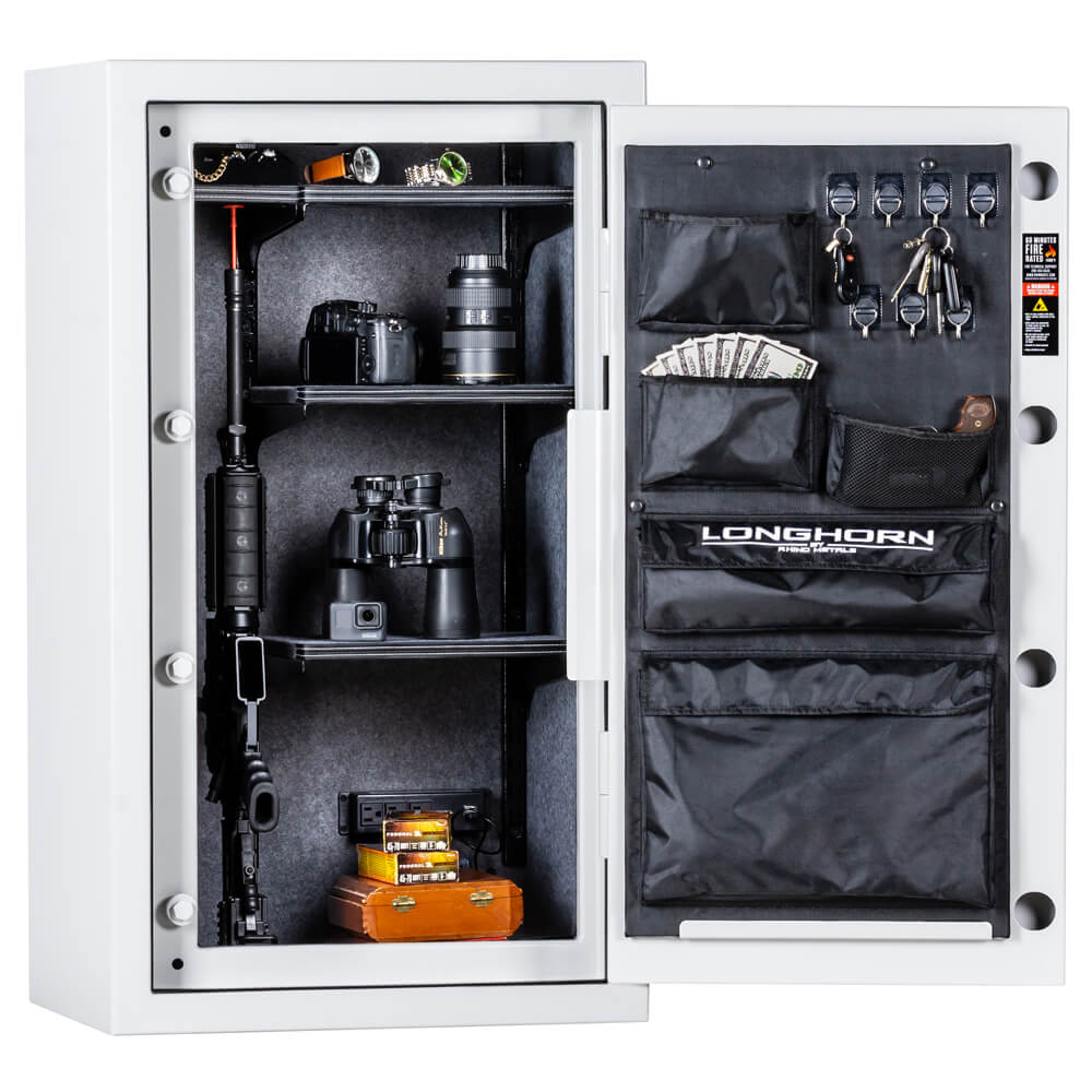 Interior view of Rhino Safe Longhorn LGX4224W home safe showing shelves and secure lock mechanism inside.