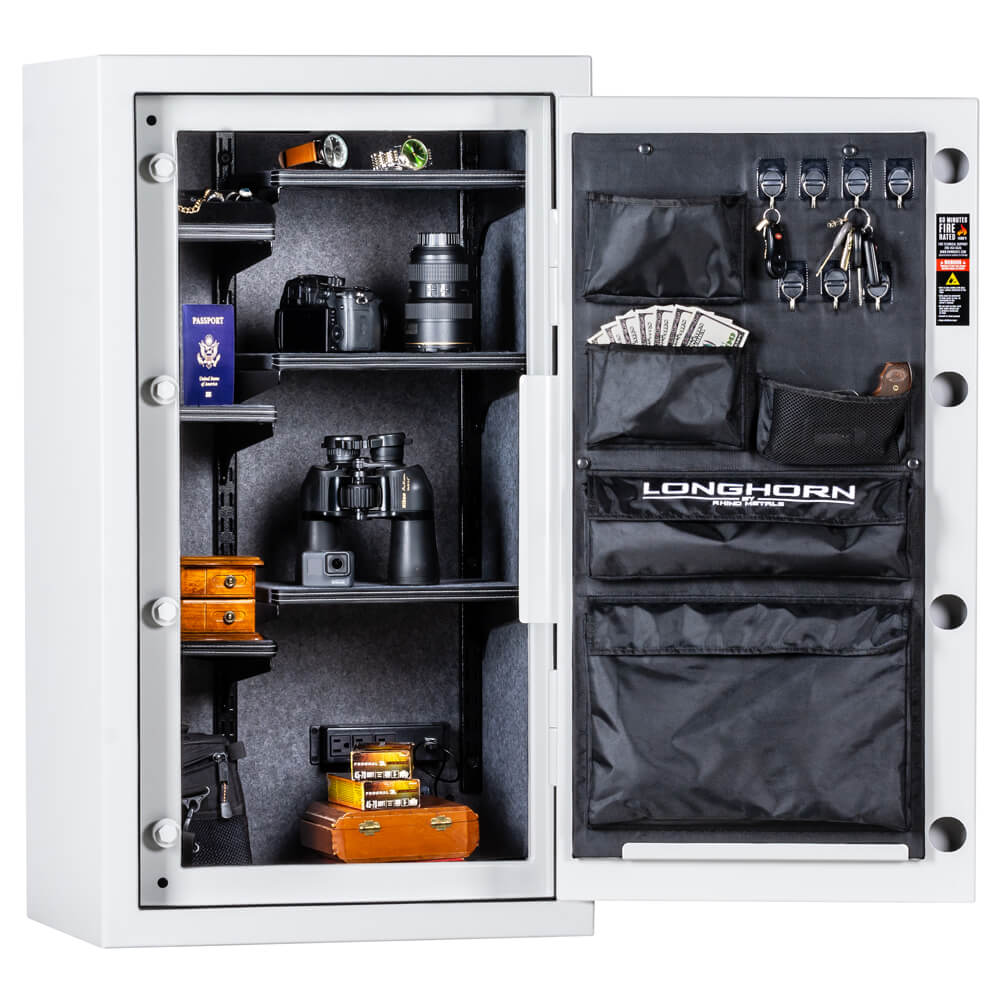 Interior view of Rhino Safe Longhorn LGX4224W home safe showing secure storage and shelving for valuables and documents.