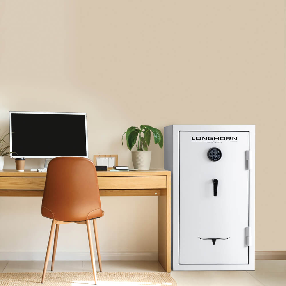 Rhino Safe Longhorn LGX4224W home safe with digital keypad and secure locking mechanism, placed in a modern living room setting.