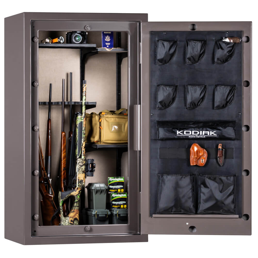 Interior view of Rhino Kodiak KGXR5933 gun safe showing shelves, secure storage, and interior organization features.