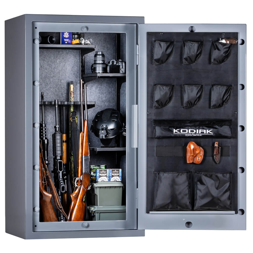 Interior view of Rhino Kodiak KGXR5933 gun safe with multiple shelves and secure storage compartments by Rhino Safe.