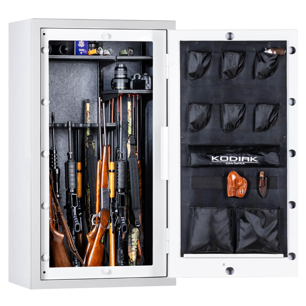 Interior view of Rhino Kodiak KGXR5933 gun safe by Rhino Safe, showing secure storage compartments and locking system.