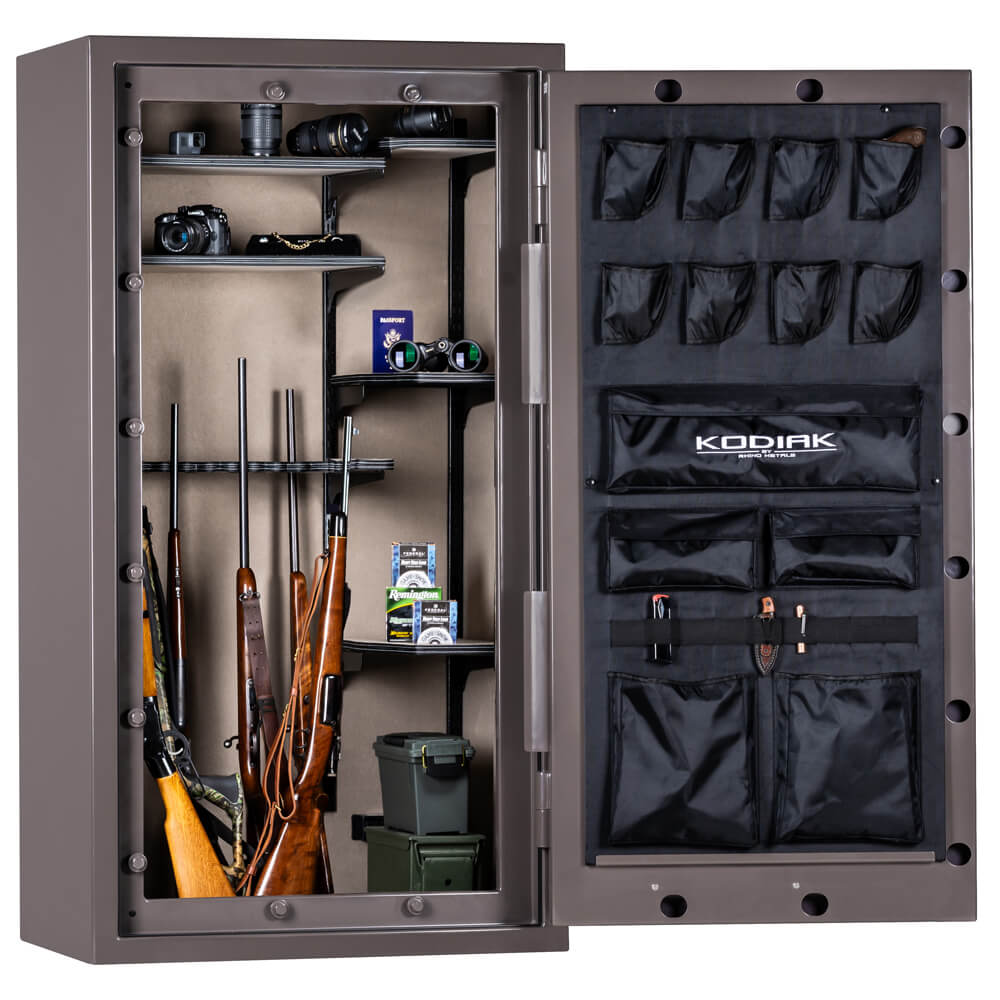 Interior view of Rhino Kodiak KGXR6736 gun safe showcasing secure storage compartments and shelving for firearm security.