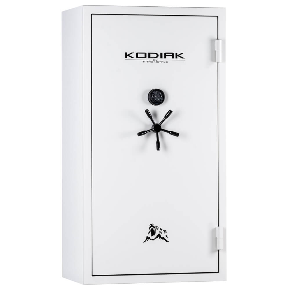 Rhino Safe Kodiak KGXR6736 gun safe with white exterior and digital lock, designed for secure firearm storage.