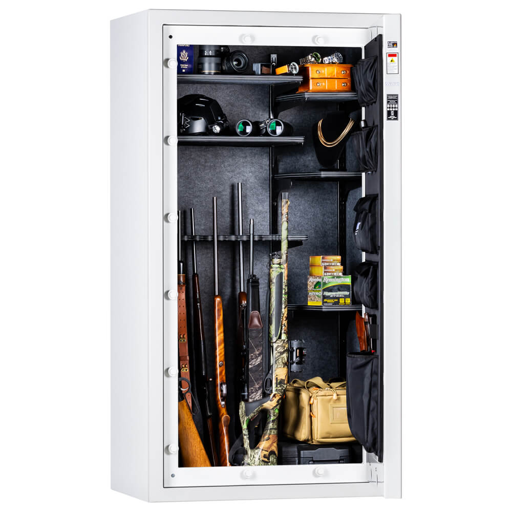 Rhino Kodiak KGXR6736 gun safe with white exterior, secure locking mechanism, and interior shelving for firearm storage.