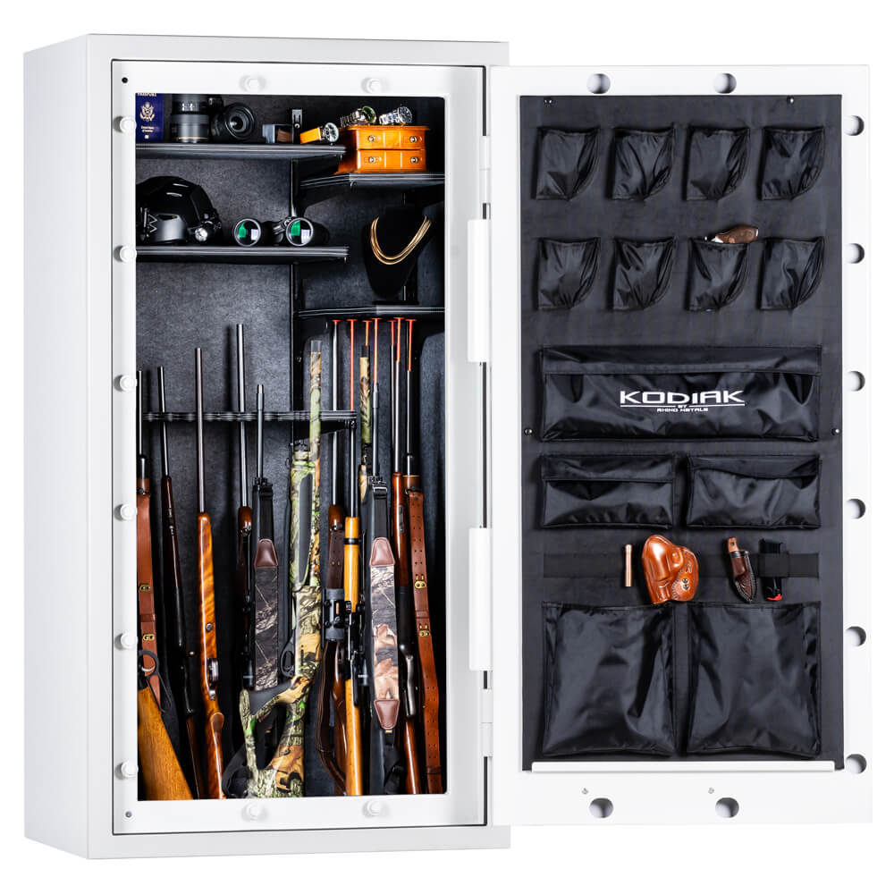 Interior view of Rhino Kodiak KGX6736 gun safe showing secure storage shelves and gun racks in a spacious, organized safe interior.