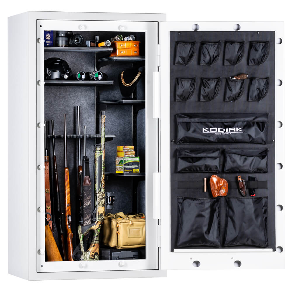 Interior view of Rhino Kodiak KGXR6736 gun safe showing shelves, secure locking system, and spacious storage for firearms.