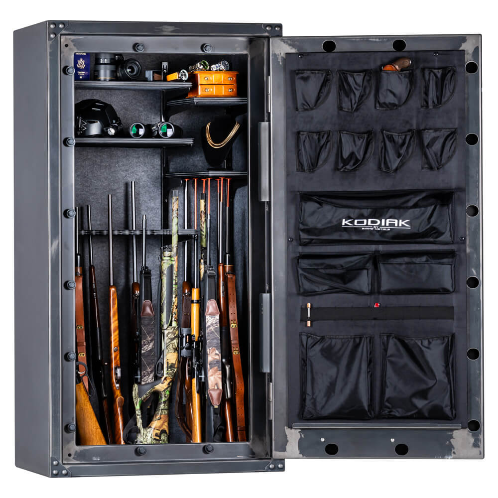 Interior view of Rhino Kodiak KSXR6736 gun safe showing secure shelving and storage for firearms by Rhino Safe