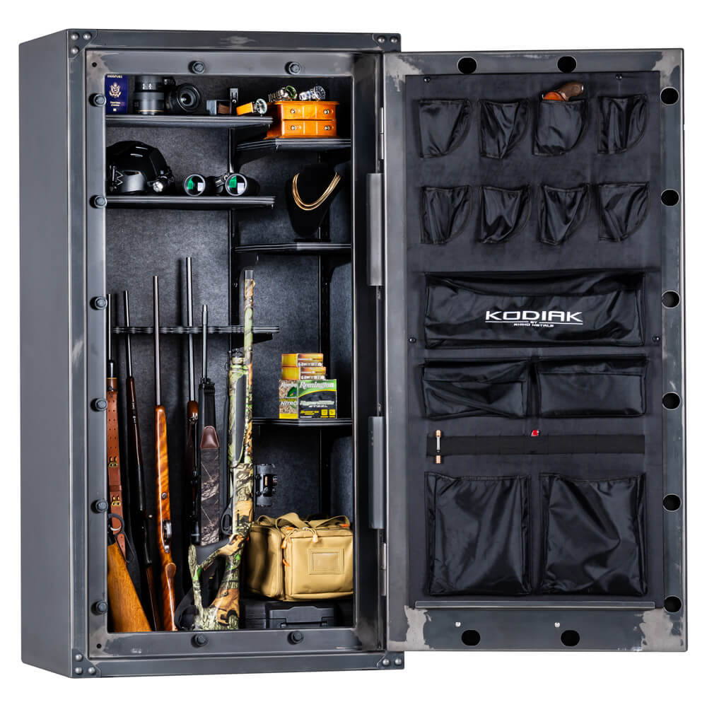 Interior view of Rhino Kodiak KSXR6736 gun safe showing secure storage compartments and padded interior for firearm protection