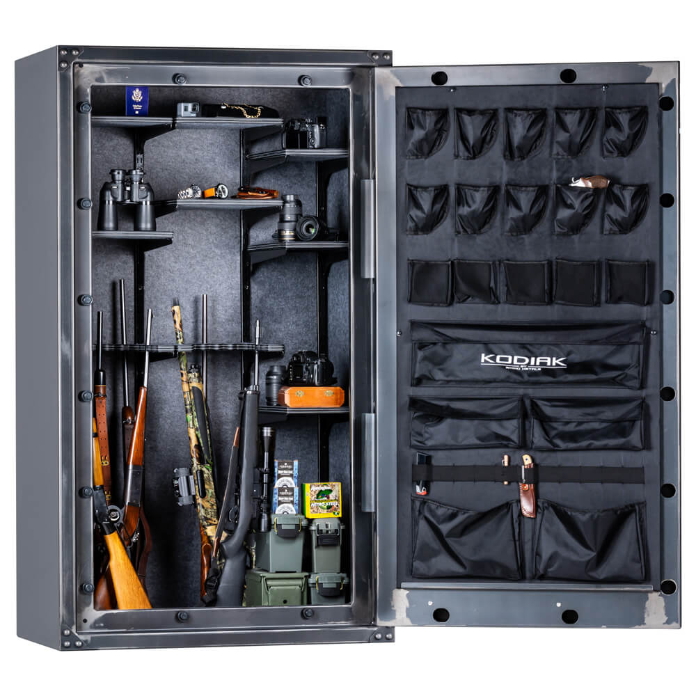 Interior view of Rhino Kodiak KSXR7141 gun safe showing multiple handgun and firearm storage compartments.
