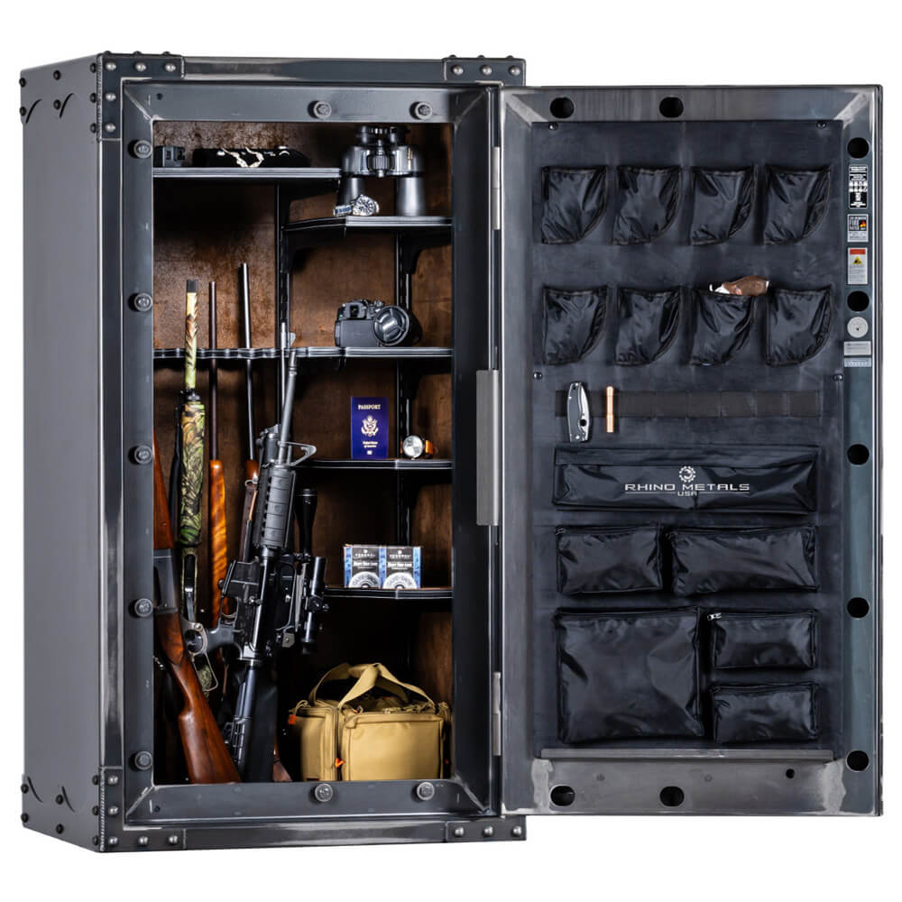 Interior view of Rhino Safe Lightning LIX6033 gun safe, showing secure storage compartments for firearms and valuables.