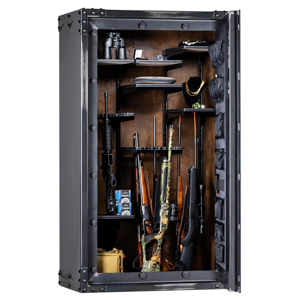 Interior view of Rhino Safe Lightning LIX7241 gun safe with shelves and secure locking mechanism.