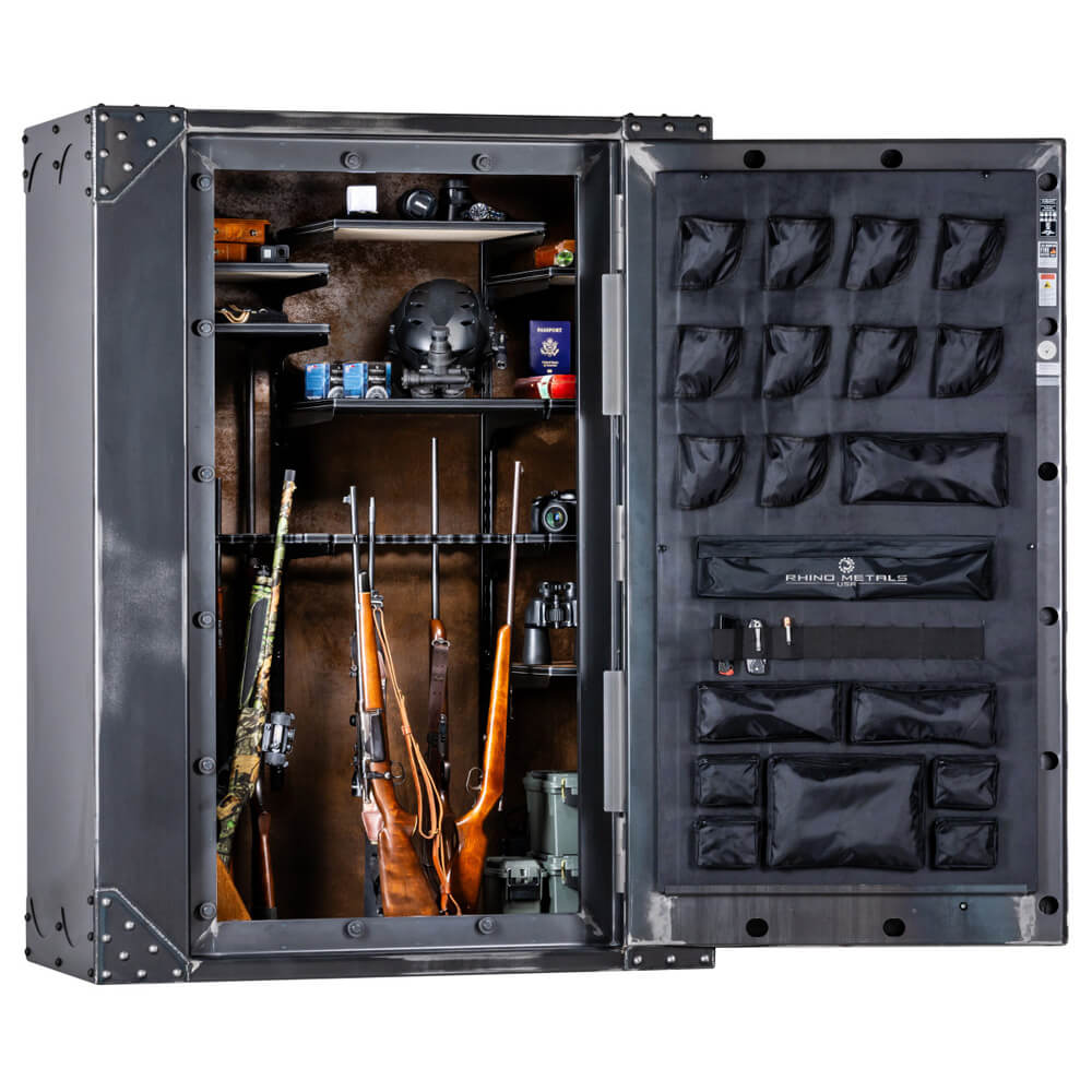 Interior view of Rhino Lightning LIX7253 gun safe by Rhino Safe, showing secure storage with shelves and locking mechanism.