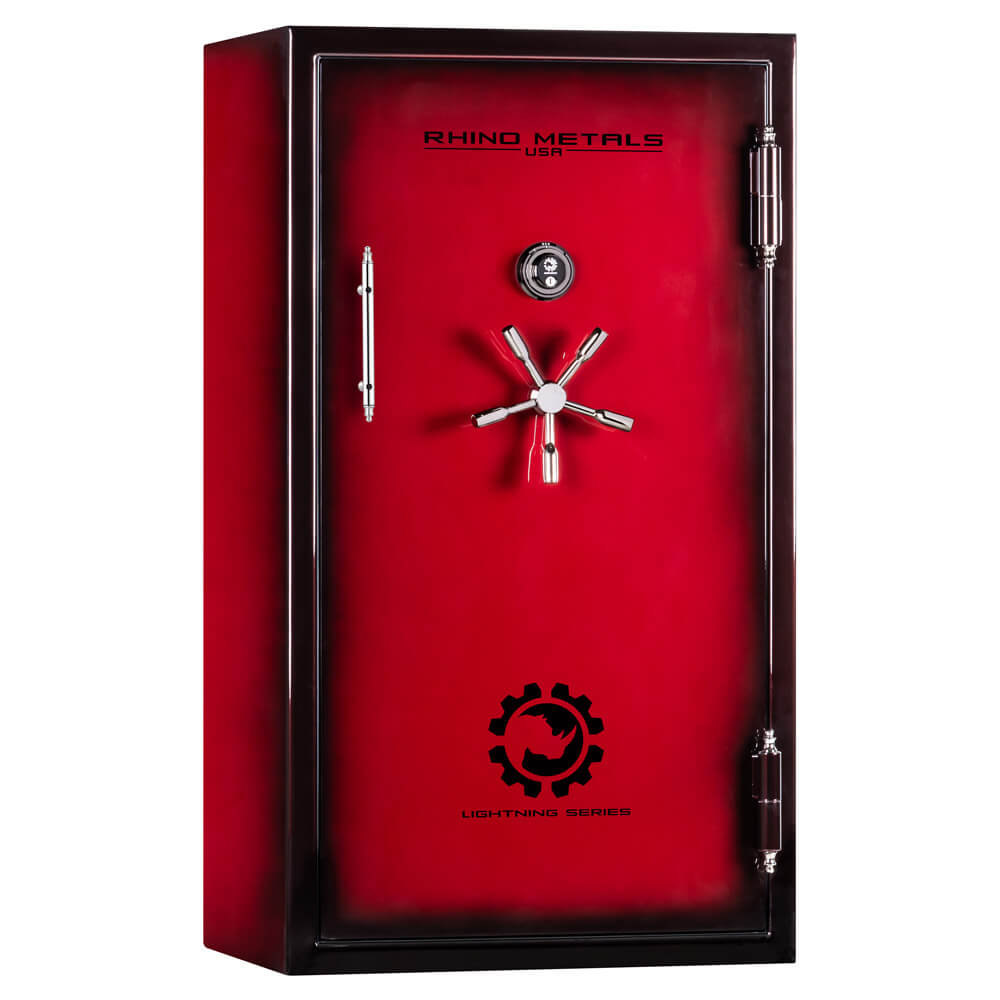 Rhino Lightning LX6033 gun safe with crimson exterior and digital keypad, secure storage for firearms and valuables.