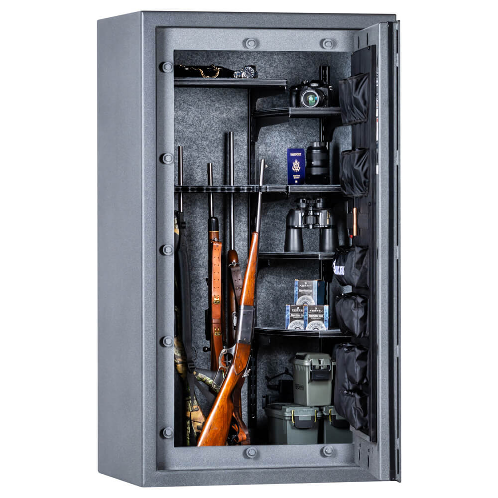 Interior view of Rhino Lightning LX6033 gun safe by Rhino Safe, showcasing secure storage with granite-colored interior.