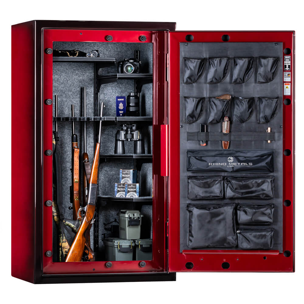 Interior view of the Rhino Lightning LX6033 gun safe by Rhino Safe, showing secure storage with crimson interior padding.