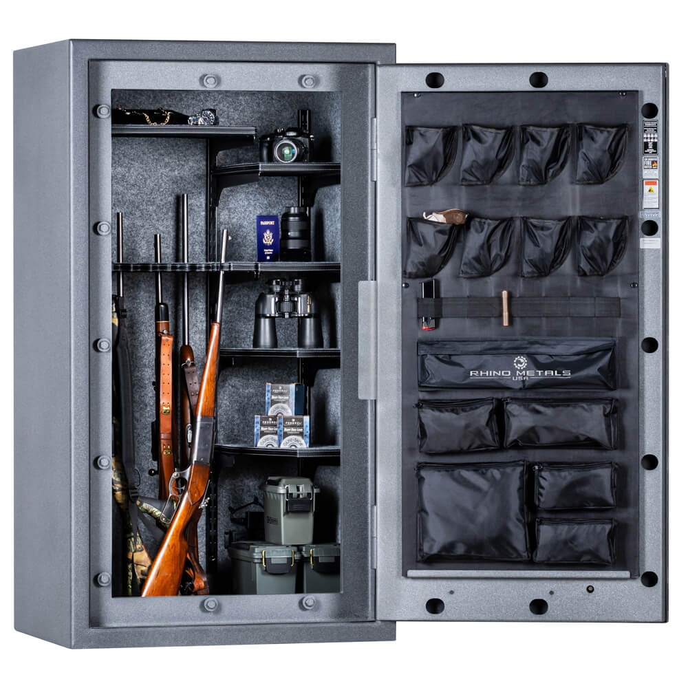 Interior view of Rhino Lightning LX6033 Gun Safe by Rhino Safe showing secure storage compartments and safe organization features.