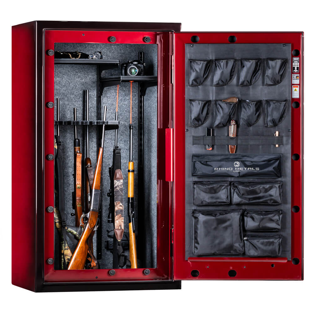 Interior view of Rhino Lightning LX6033 gun safe by Rhino Safe, showing secure storage compartments and crimson interior lining.