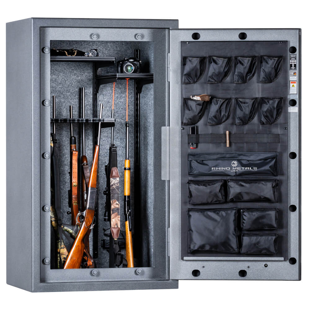 Interior view of Rhino Lightning LX6033 gun safe by Rhino Safe, showing secure storage compartments and granite interior finish.