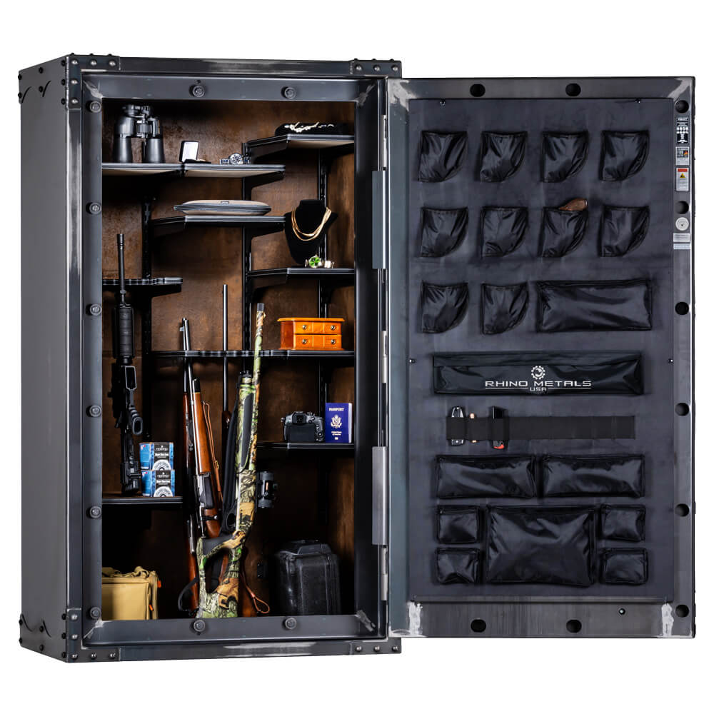 Interior view of Rhino Thunderbolt TGIX7241 gun safe showing storage shelves and secure locking mechanism.