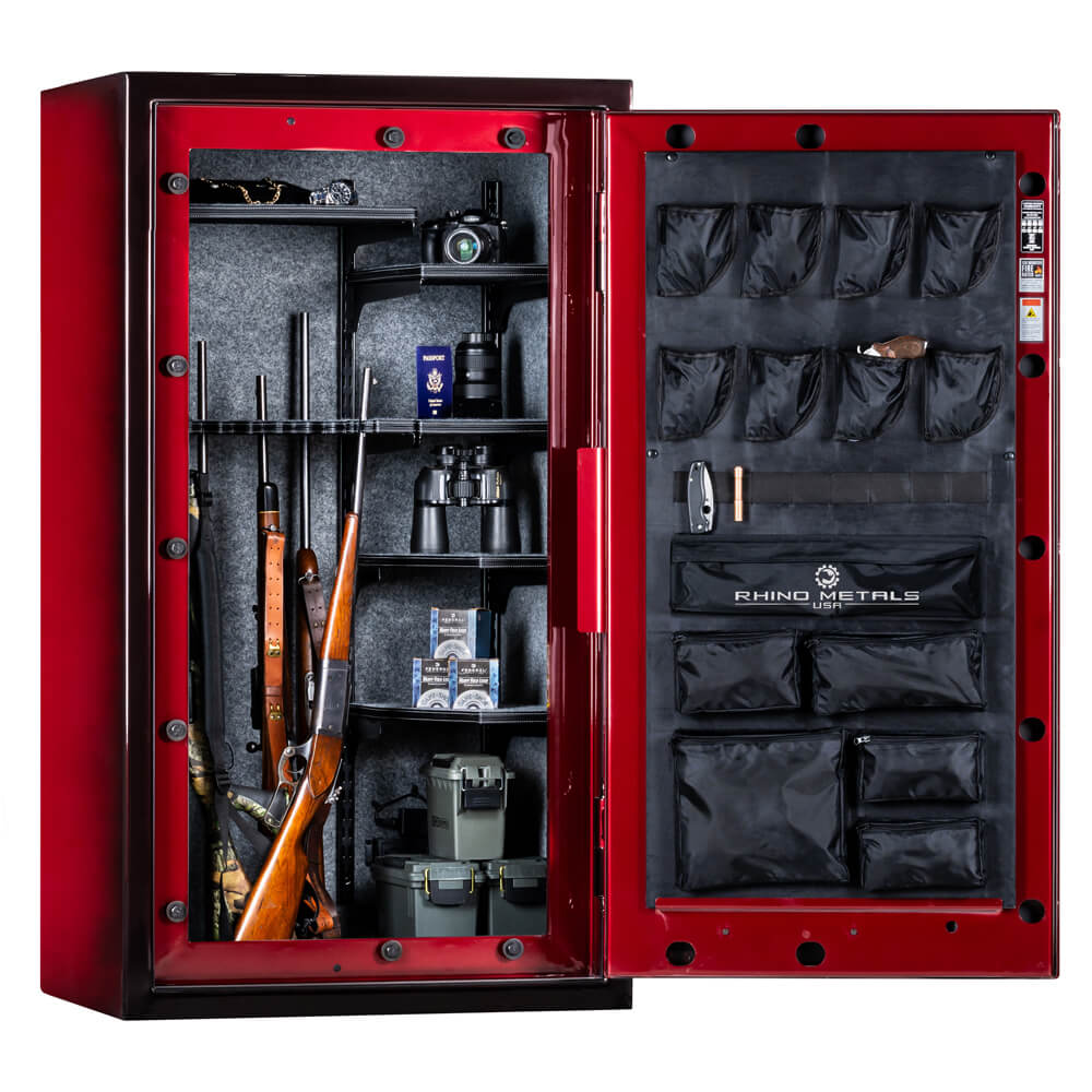 Interior view of Rhino Thunderbolt TGX6033GL gun safe with crimson interior, showing adjustable shelves and secure storage for firearms.