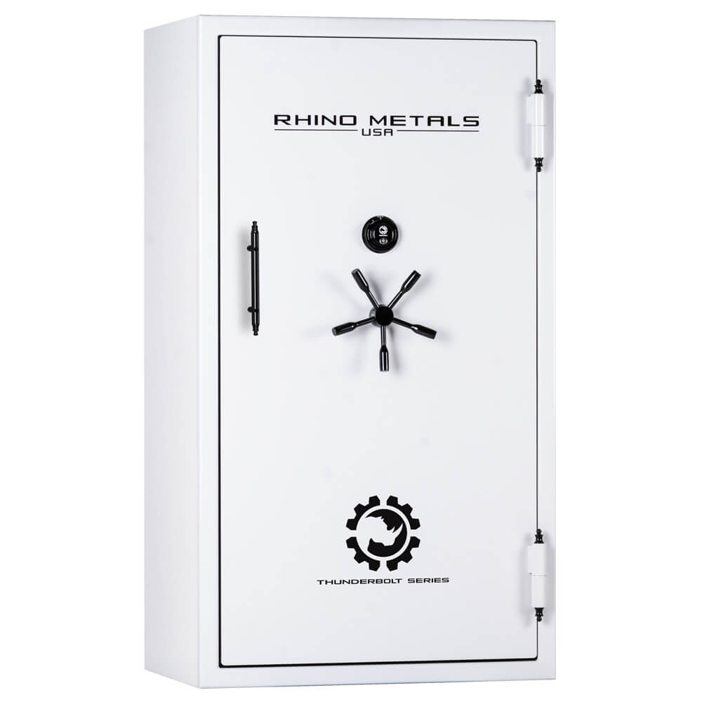 Rhino Safe Thunderbolt TGX6636GL gun safe in pearl white with digital keypad and secure locking mechanism.