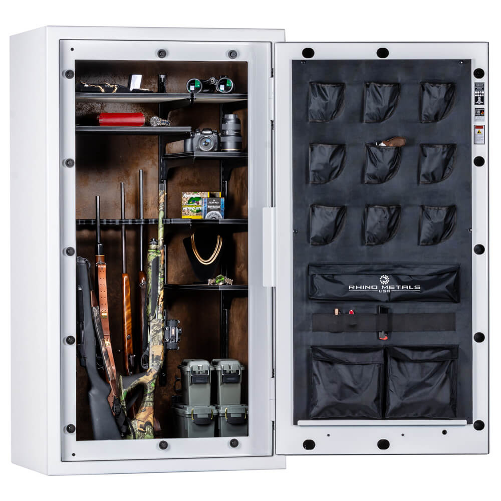 Interior view of Rhino Safe Thunderbolt TGX6636GL gun safe with pearl white interior and secure storage compartments.