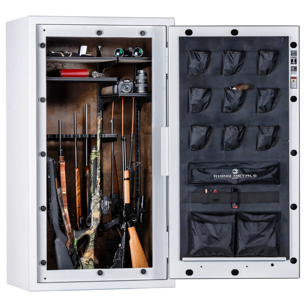 Interior of Rhino Safe Thunderbolt TGX6636GL gun safe with white shelves and secure storage for firearms and valuables.
