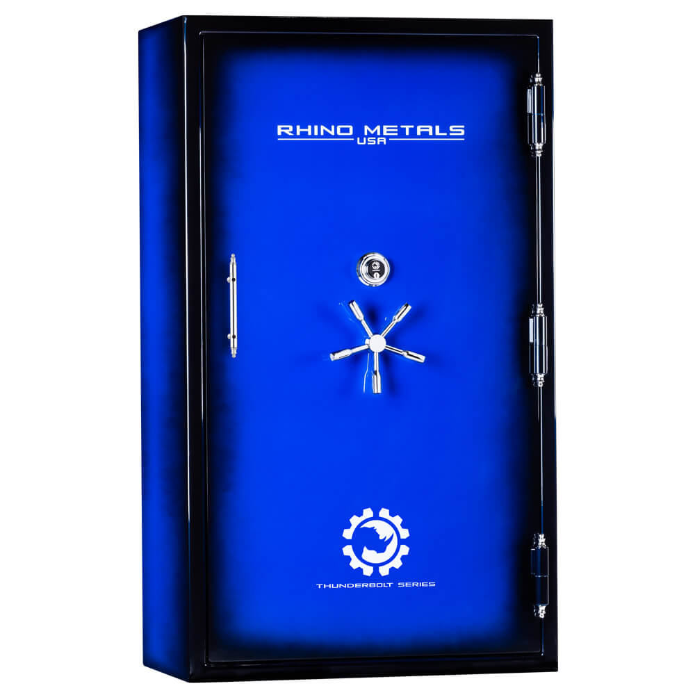 Rhino Safe Thunderbolt TGX7241GL gun safe with blue exterior, secure lock, and sturdy construction for firearm storage.