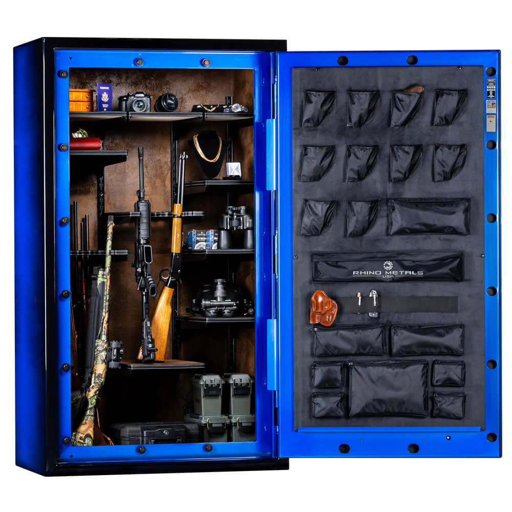 Interior view of Rhino Safe Thunderbolt TGX7241GL gun safe with blue interior padding and secure shelving for firearm storage.