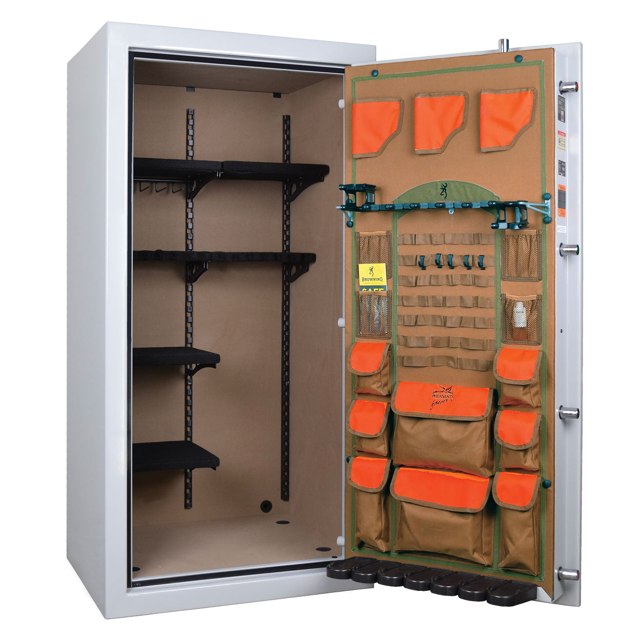 Interior view of Browning Sporter 33 Pheasants Forever Upland Edition gun safe with organized storage for firearms and accessories.