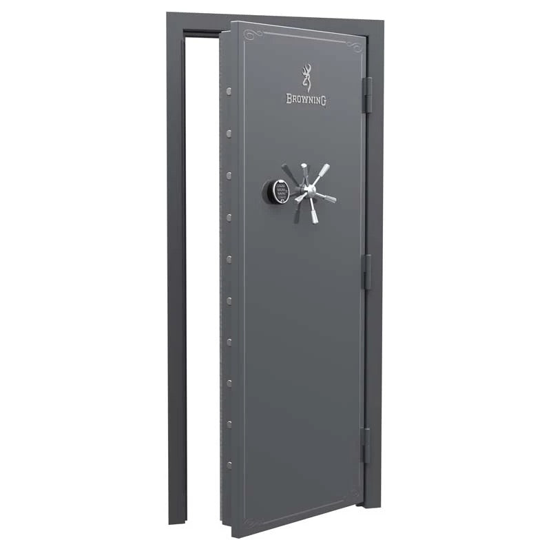Browning standard out-swing vault door with chrome finish, heavy-duty security door for vault or safe room.