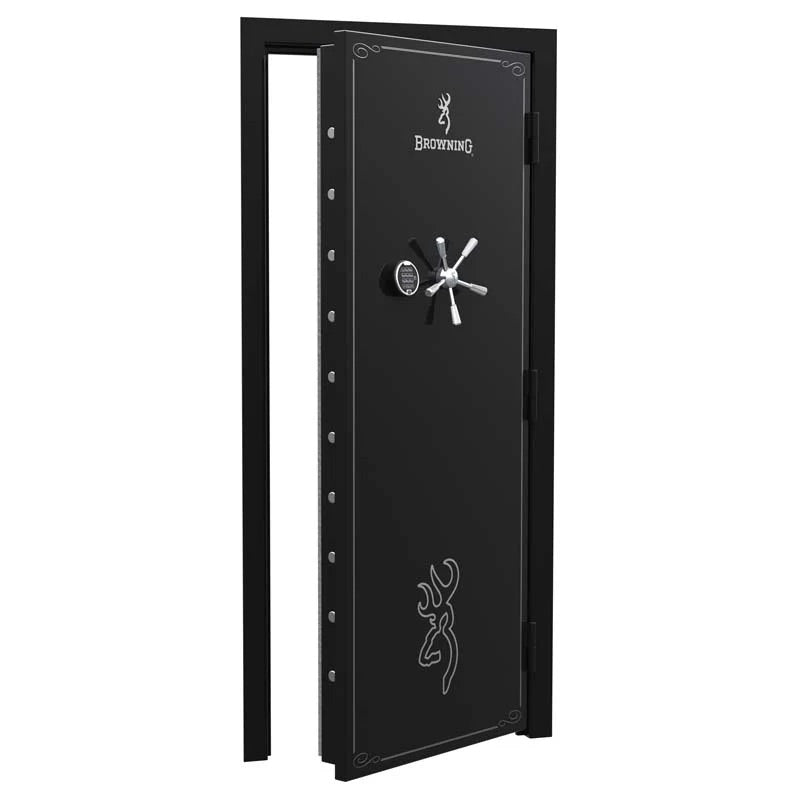 Browning Standard Out-Swing Vault Door with black finish and chrome accents, designed for secure vault access.