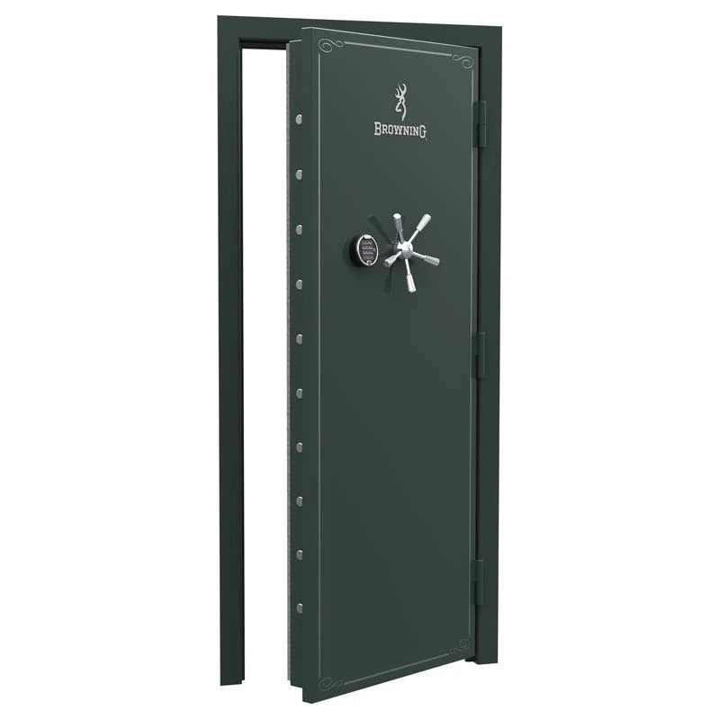 Browning Standard Out-Swing Vault Door with green finish and chrome hardware, designed for secure vault entry.