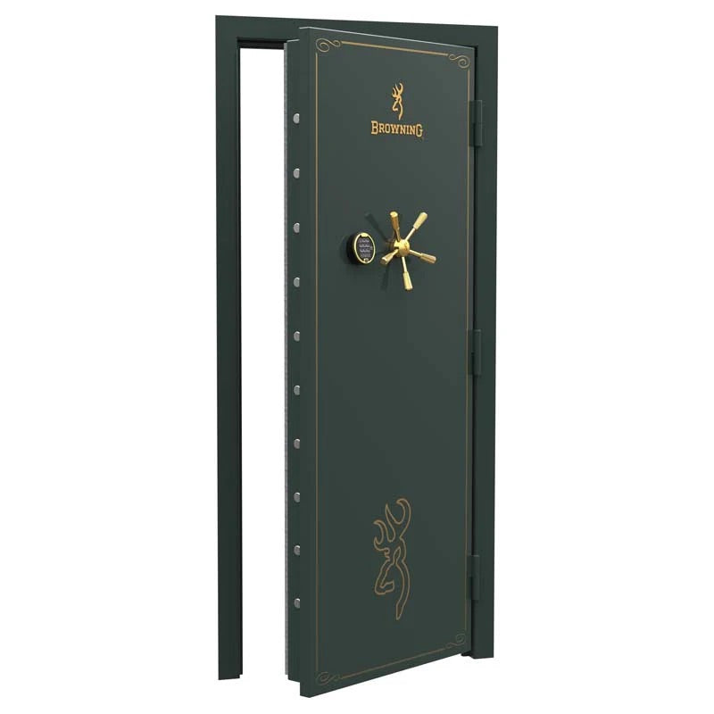 Browning Standard Out-Swing Vault Door with gold-colored handle and sturdy steel frame for secure storage.