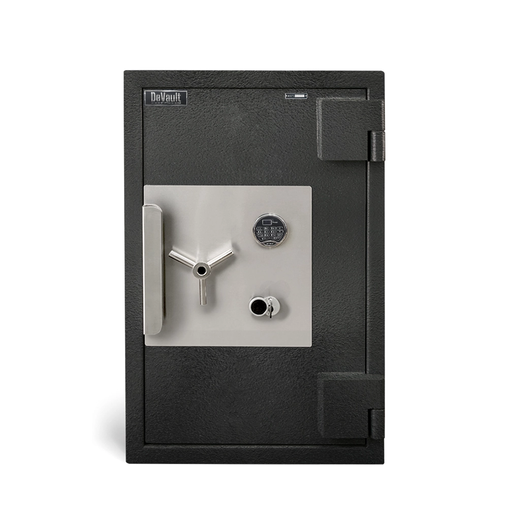 A black textured steel security safe with a silver front plate, three-spoke handle, combination dial, and keyhole, shown on a white background.