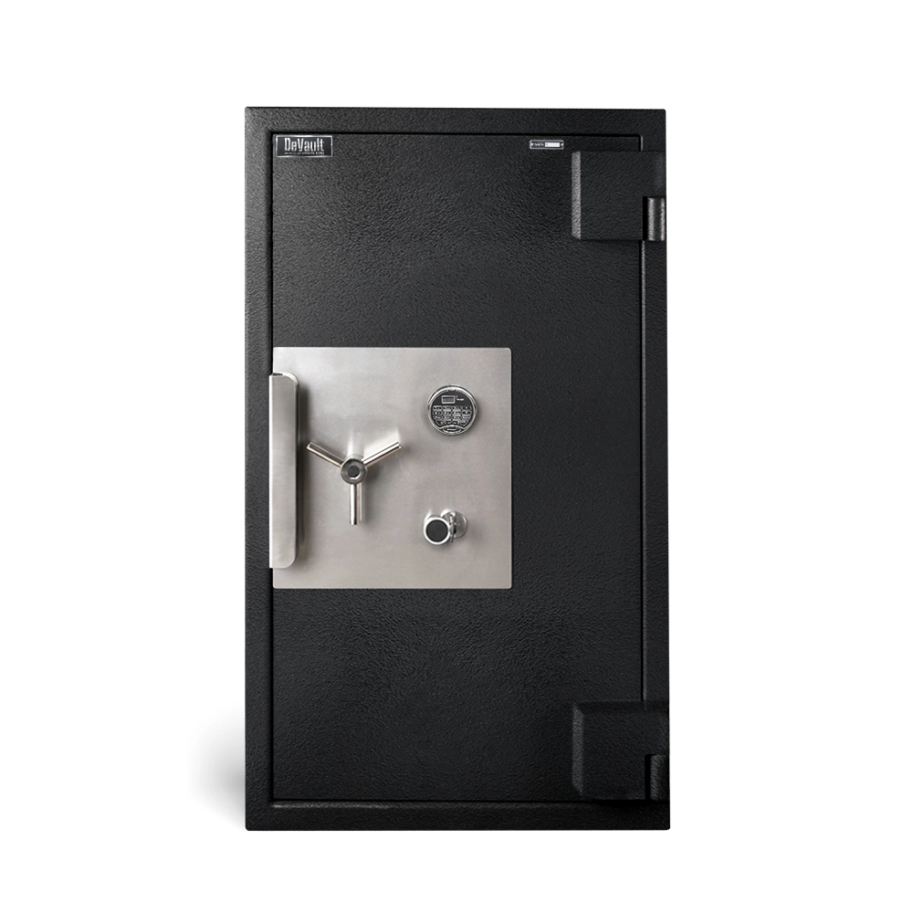 A black heavy-duty safe with a silver digital keypad lock and three-spoke handle, shown on a plain white background.