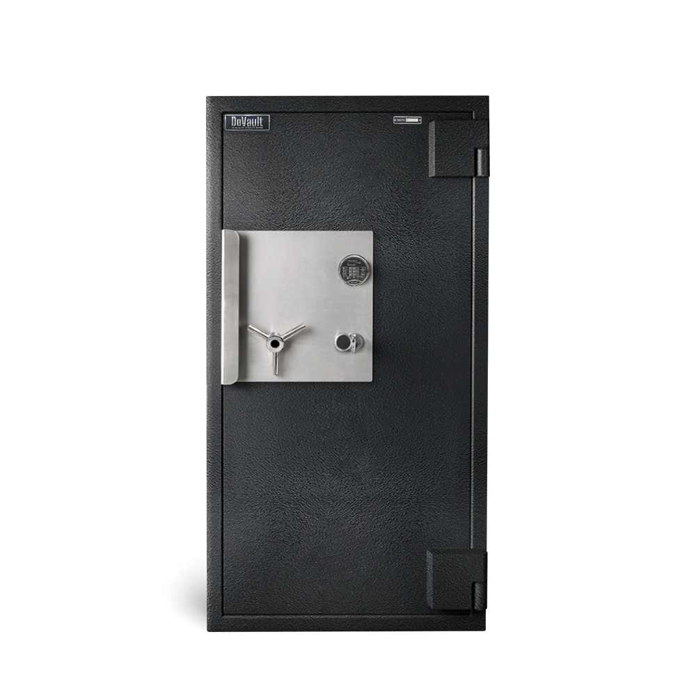 A black textured heavy-duty home safe with a silver metal combination dial and handle, shown on a plain white background.