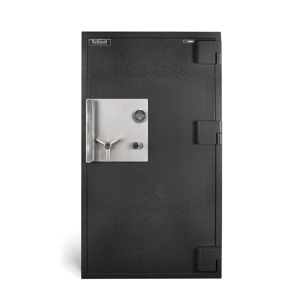 A black textured heavy-duty safe with a silver metal combination lock panel on the front door, shown against a plain white background.