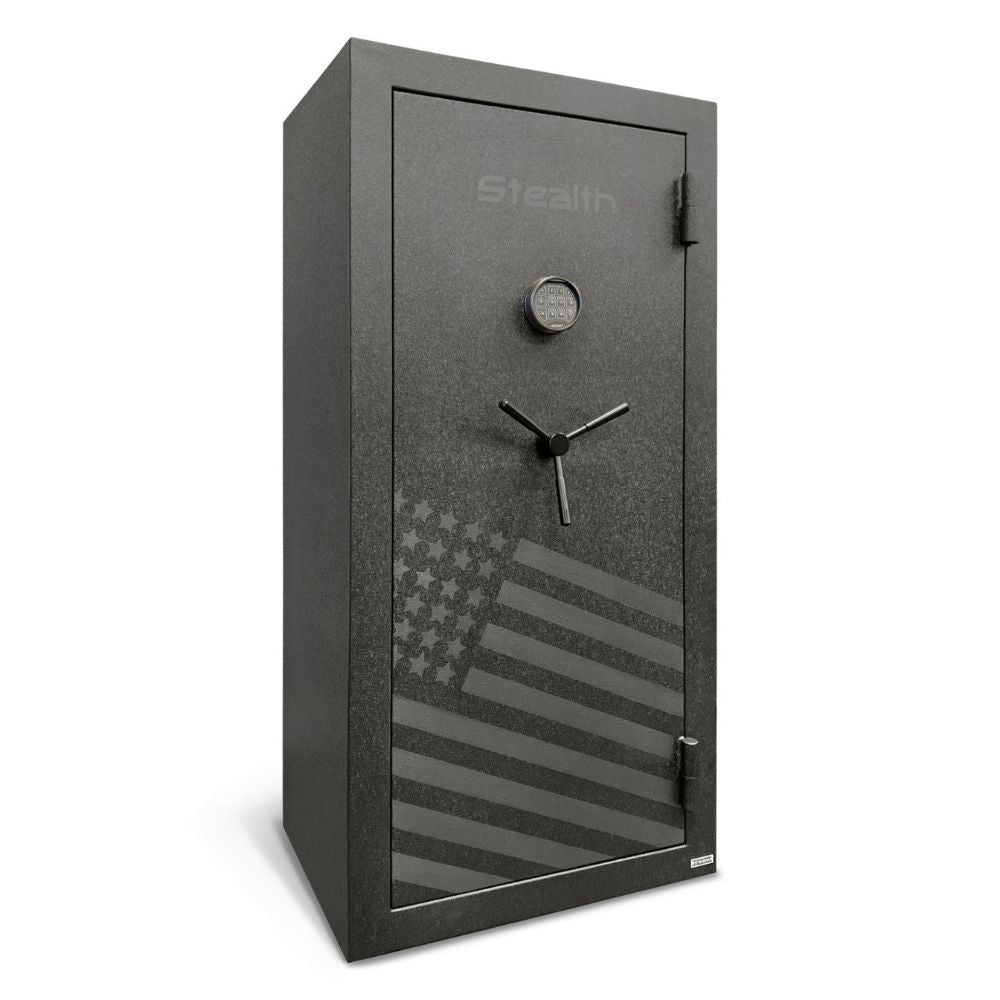 Black safe with American flag design on a white background