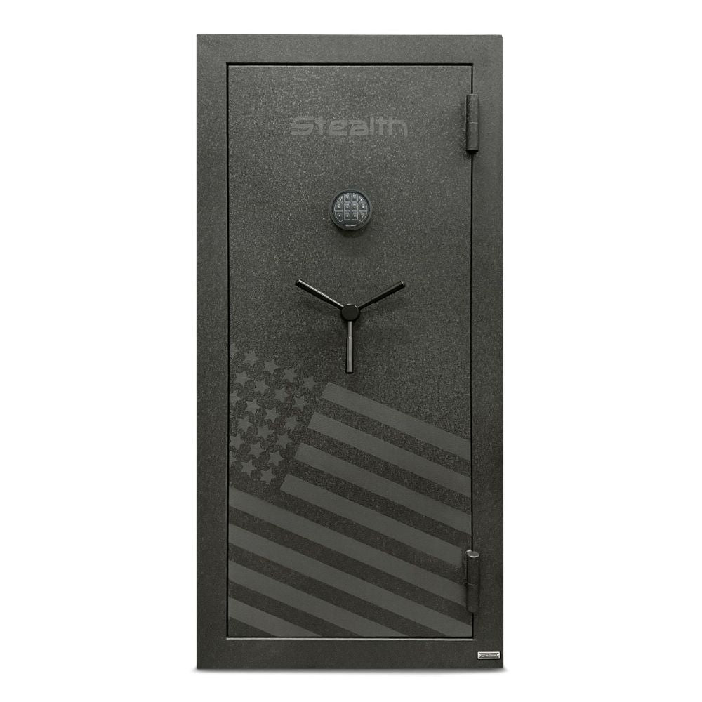 Black gun safe door with American flag design and 'Stealth' branding on a white background