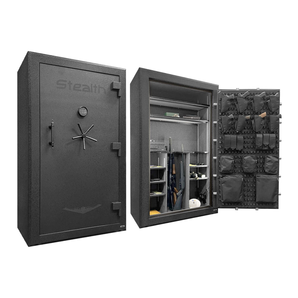Stealth Premier 50 gun safe in black, featuring sturdy steel construction and secure locking mechanism, designed for firearm storage.