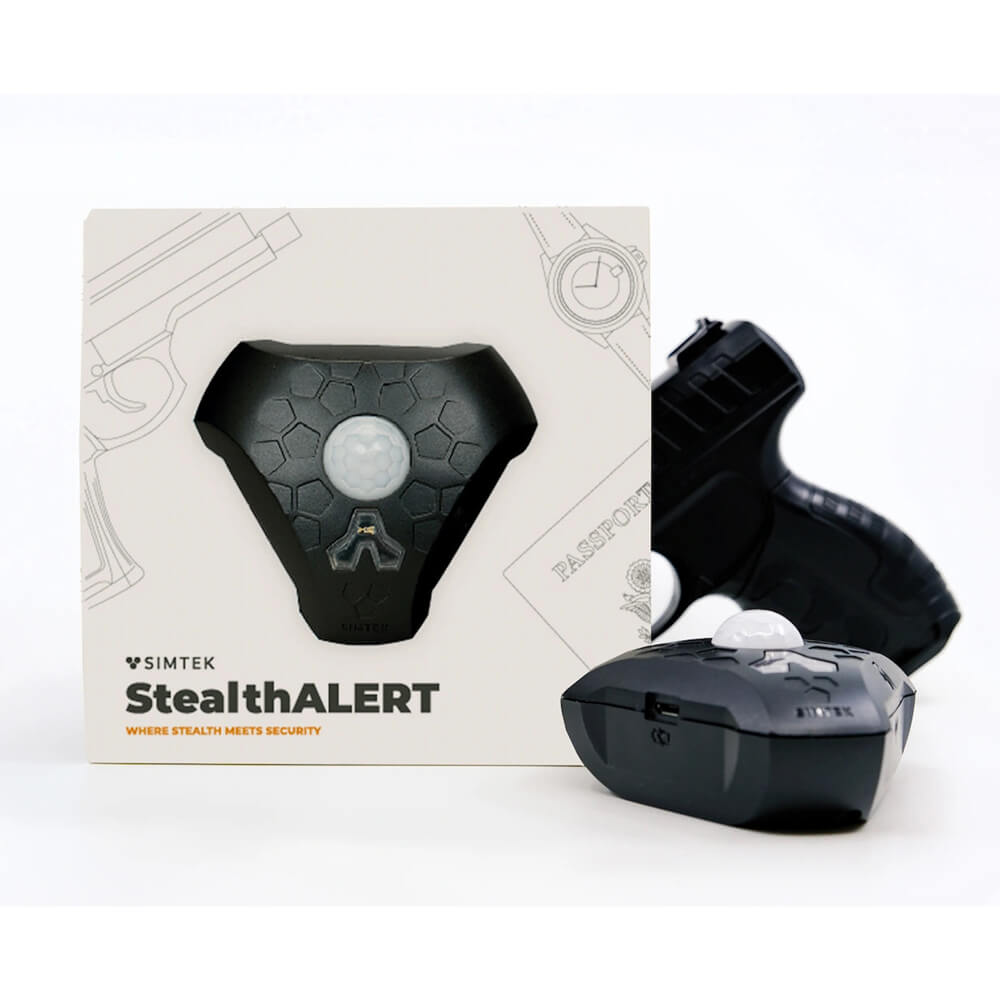 Simtek StealthALERT wireless alarm system with temperature and humidity sensors, designed for gun safe security.