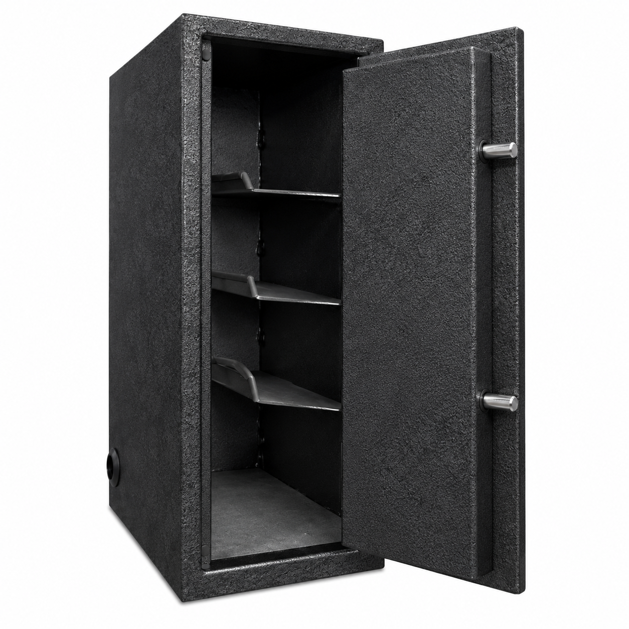 Stealth compact anti-theft lock box with textured surface and open door, designed for college dorms and RV security.